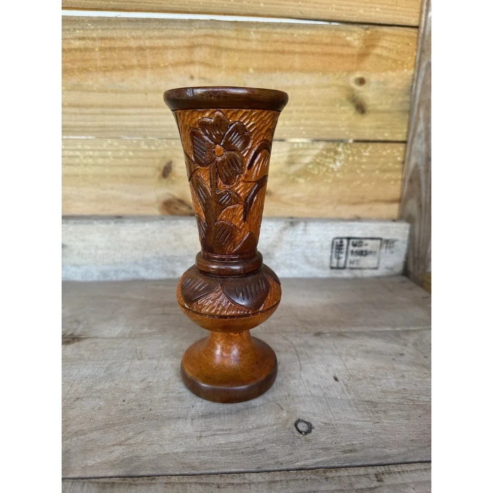 Vintage Hand Carved Wood  Bud Vase Folk Art‎ Decor Flower Design